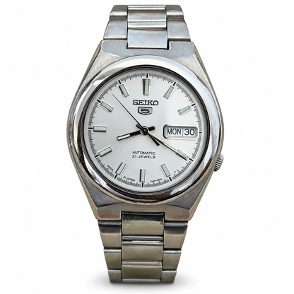 Seiko 5 silver dial automatic watch W0064 on white background