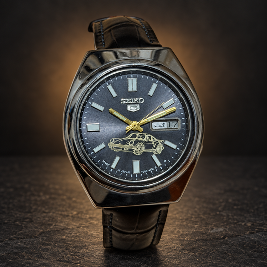W003 Seiko 5 7009-8360 – Dark Car-Motif Dial & Black Strap with AI-styled luxury background