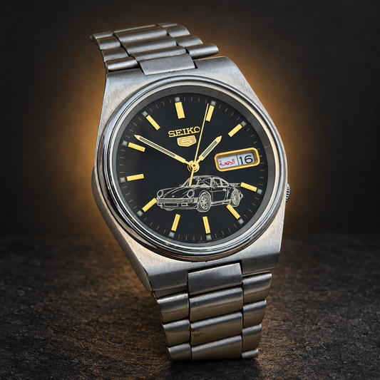 W004 Vintage Seiko 5 Automatic Day-Date Watch – Sports Car Dial – 7526-3130 with AI-styled luxury background