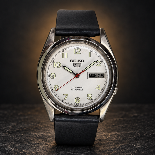 W005 SEIKO 5 – Automatic, Day-Date, Casual Watch (Vintage) with AI-styled luxury background