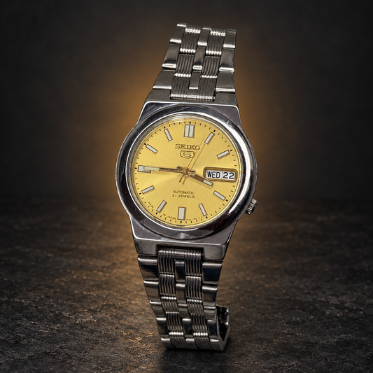 W006 SEIKO 5 – Automatic, Gold Dial, Day-Date Watch (Vintage) with AI-styled luxury background