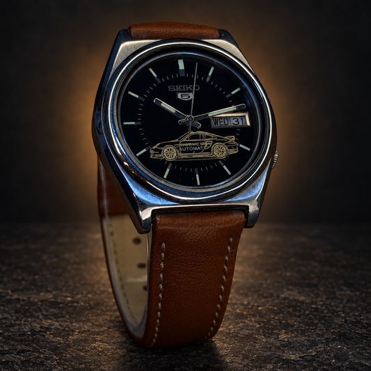 W007 Seiko 5 Automatic Day-Date Black Dial w/ Car Motif with AI-styled luxury background