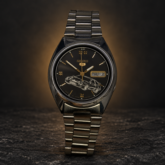 W009 Vintage Seiko with custom engraved dial Ford 1980s Serria with AI-styled luxury background