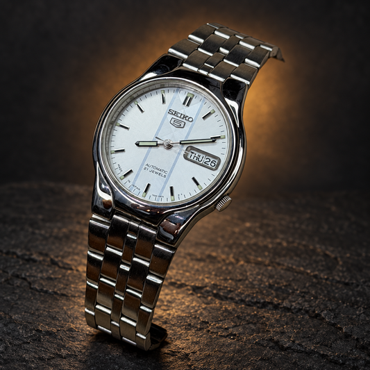 W010 SEIKO 5 Automatic – Silver Dial, Day-Date, Dress Watch (Vintage) with AI-styled luxury background