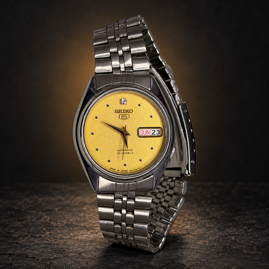 W011 SEIKO 5 – Automatic, Gold Dial, Day-Date Wristwatch (Vintage) with AI-styled luxury background