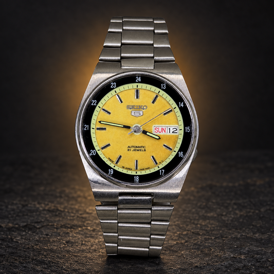 W012 SEIKO 5 – Automatic, Yellow Dial, Day-Date Watch (Vintage) with AI-styled luxury background