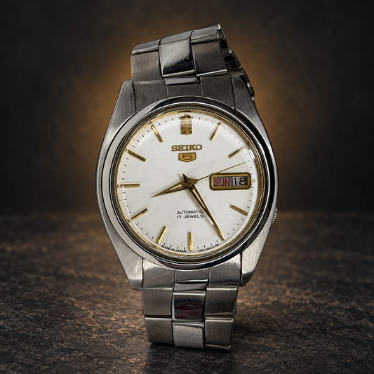 W013 SEIKO 5 Automatic – White Dial, Day-Date, Vintage Wristwatch with AI-styled luxury background