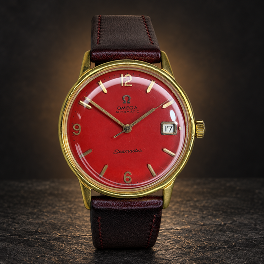 W018 OMEGA Seamaster Automatic – Red Date Dial, Gold-Tone Case with AI-styled luxury background