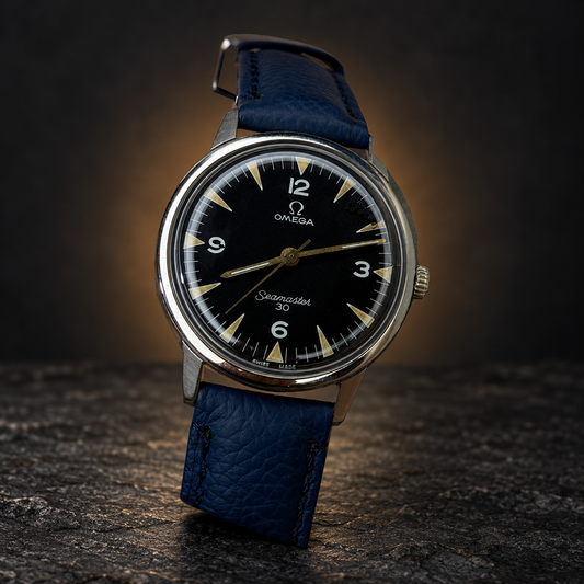 W020 OMEGA Seamaster – Black Dial, Date, Vintage Watch with AI-styled luxury background