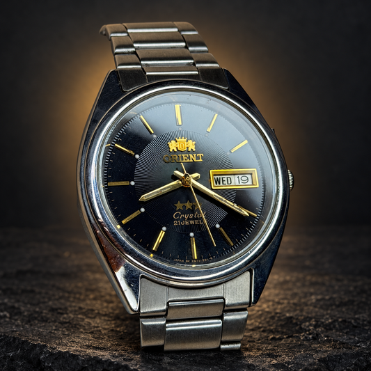 W021 ORIENT – Black Dial, Day-Date, Automatic Wristwatch (Vintage) with AI-styled luxury background