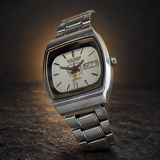 W023 CITIZEN Automatic – Silver Dial, Day-Date, Vintage Wristwatch with AI-styled luxury background