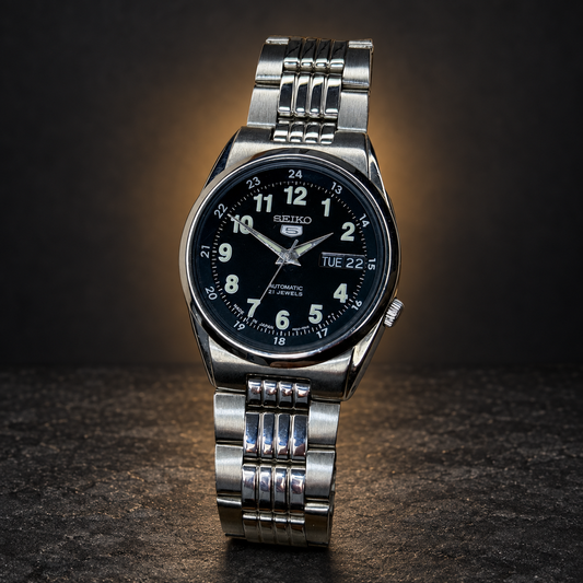 W024 SEIKO 5 – Black Dial, Automatic, Day-Date Wristwatch (Vintage) with AI-styled luxury background