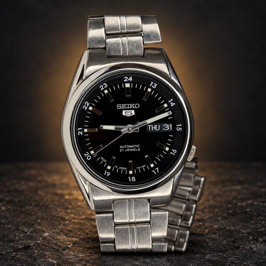 W025 SEIKO 5 Automatic – Black Dial, Day-Date, Sports Watch (Vintage) with AI-styled luxury background