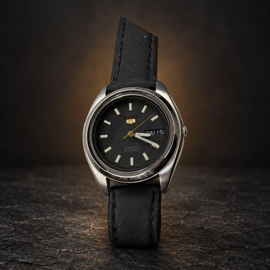 W026 SEIKO 5 Automatic – Black Dial, Day-Date, Dress Watch (Vintage) with AI-styled luxury background