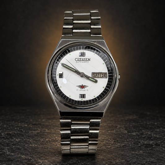 W028 CITIZEN Automatic – Silver Dial, Day-Date, Vintage Wristwatch with AI-styled luxury background