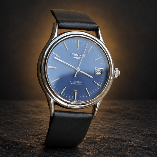 W029 LONGINES Conquest – Blue Dial, Date, Automatic Watch (Vintage) with AI-styled luxury background