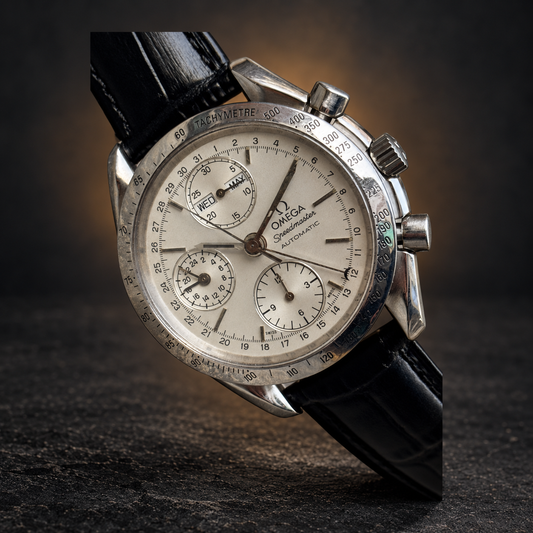 W032 Omega speedmaster automatic triple date with AI-styled luxury background
