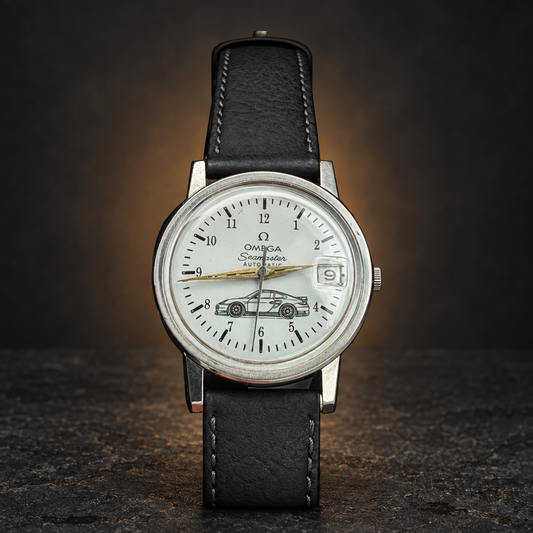 W034 Omega Seamaster White Dial Watch with Gold Hands and Black Strap with Car Motif with AI-styled luxury background