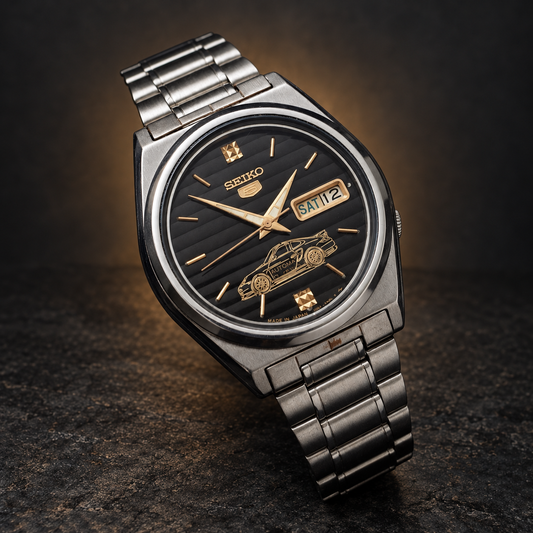 W035 Classic Seiko 5 automatic Japanese mens watch Porsche 911 Turbo Dial with AI-styled luxury background