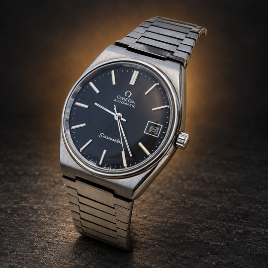 W036 Omega seamaster automatic with AI-styled luxury background