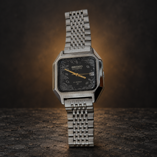 W037 Vintage Seiko Automatic Custom Watch Engraved Floral & Wave Motif Dial 21 Jewels Retro Octagon Case with AI-styled luxury background