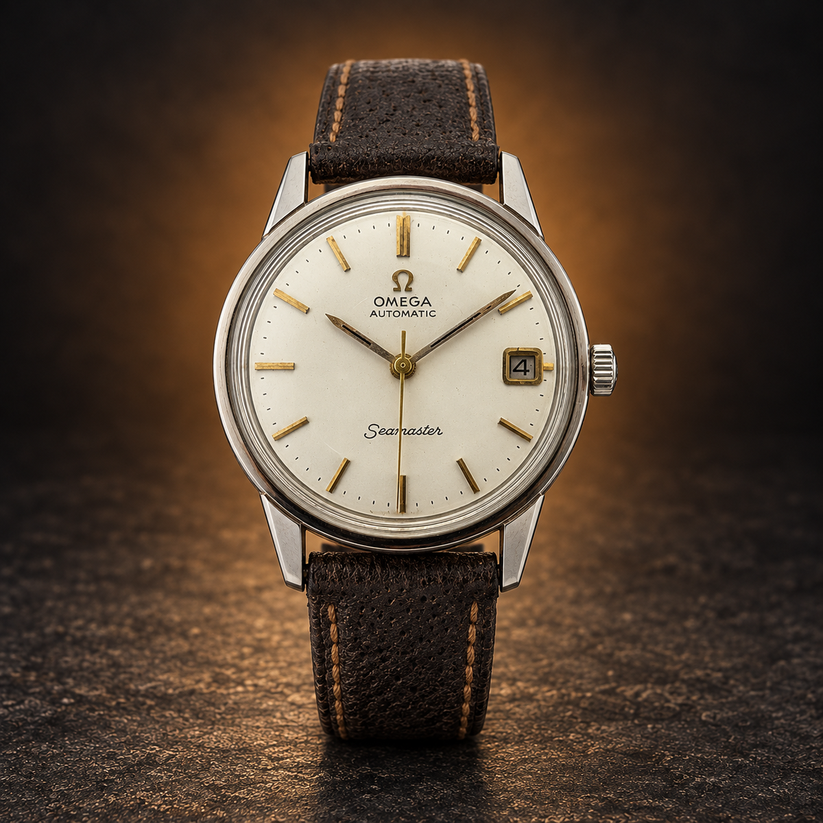 W038 Omega Seamaster automatic cream dial brown strap — styled main image