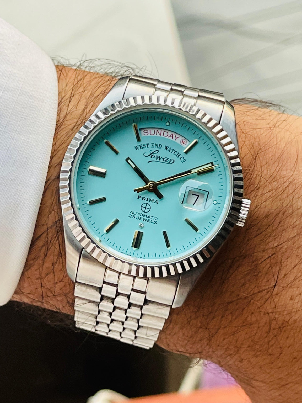 West End Sowar Prima 41mm turquoise dial on wrist